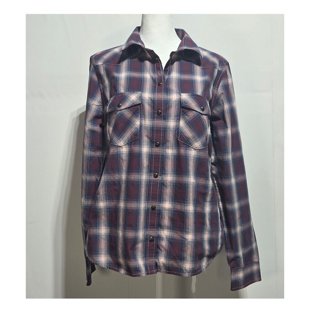 Pendelton Woman's Maroon Pink & Blue Plaid Snap Western Top Size Medium